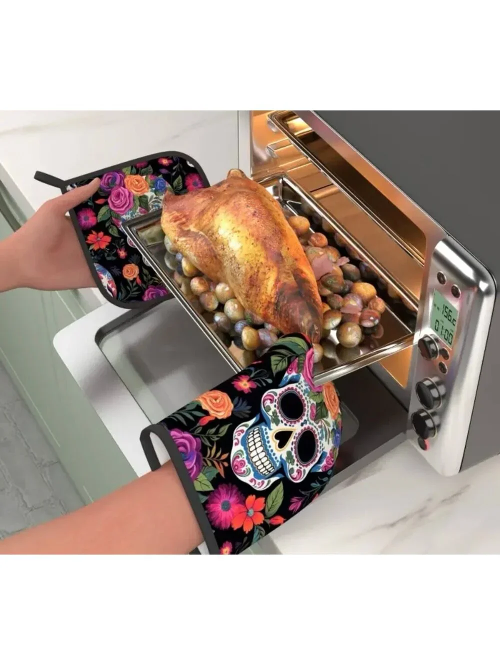 New - 2pcs Floral Skull - Oven Mitts and Pot Holders Set